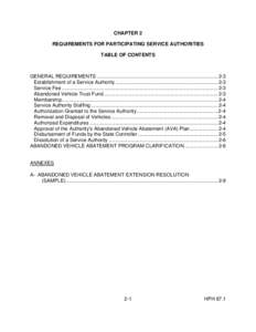 CHAPTER 2 REQUIREMENTS FOR PARTICIPATING SERVICE AUTHORITIES TABLE OF CONTENTS GENERAL REQUIREMENTS ...................................................................................... 2-3 Establishment of a Service Au