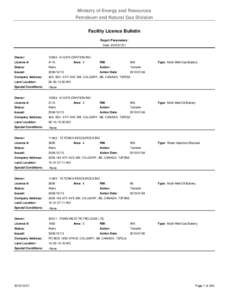 Ministry of Energy and Resources Petroleum and Natural Gas Division Facility Licence Bulletin Report Parameters: Date: [removed]