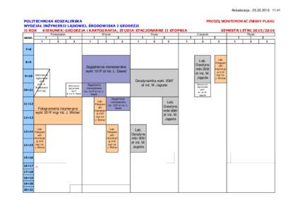 Aktualizacja : :41 POLITECHNIKA KOSZALIŃSKA WYDZIAŁ INŻYNIERII LĄDOWEJ, ŚRODOWISKA I GEODEZJI II ROK KIERUNEK: GEODEZJA i KARTOGRAFIA, STUDIA STACJONARNE II STOPNIA Poniedziałek