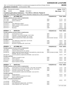 SCIENCES DE LA NATURE Note : La 3e colonne de la pondération ne concerne que le programme de Soins Infirmiers (180.A0[removed]B0 Approbation ministérielle : le 26 novembre 1998 ; Titre : Sciences de la nature No :