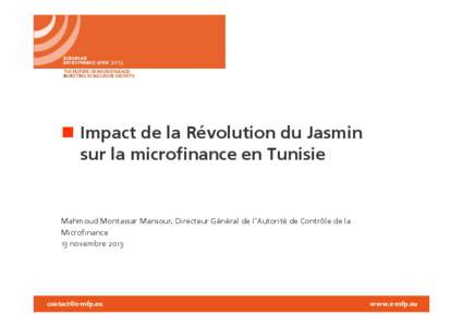 Impact de la Révolution du Jasmin sur la microfinance en Tunisie Mahmoud Montassar Mansour, Directeur Général de l’Autorité de Contrôle de la Microfinance 13 novembre 2013