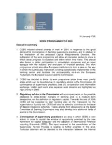 18 January 2005 WORK PROGRAMME FOR 2005 Executive summary 1. CEBS initiated several strands of work in 2004, in response to the great demand for convergence in banking supervisory practices and in relation to the finalis