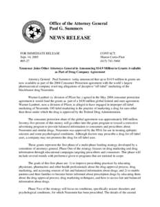 Office of the Attorney General Paul G. Summers NEWS RELEASE FOR IMMEDIATE RELEASE Sept. 14, 2005