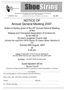 Shoestring 1  Shoe String Newsletter of The Dialysis and Transplant Association of Victoria Inc Registered Number A 12114