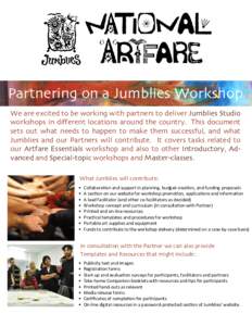 Partnering on a Jumblies Workshop We are excited to be working with partners to deliver Jumblies Studio workshopsindiȔerentlocationsaroundthecountry.Thisdocument sets out what needs to happen to make them succ