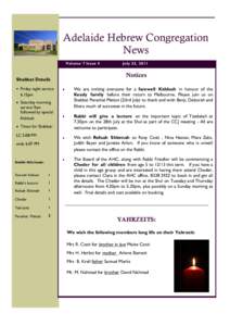 Adelaide Hebrew Congregation News Volume 7 Issue 4 Shabbat Details Friday night service