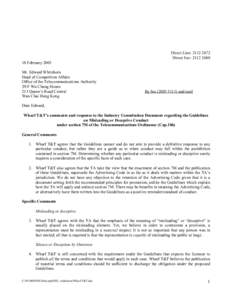 Direct Line: [removed]Direct Fax: [removed]February 2003 Mr. Edward Whitehorn Head of Competition Affairs Office of the Telecommunications Authority