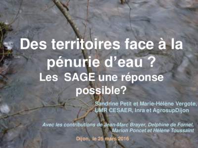 Des territoires face à la pénurie d’eau ? Les SAGE une réponse possible? Sandrine Petit et Marie-Hélène Vergote, UMR CESAER, Inra et AgrosupDijon