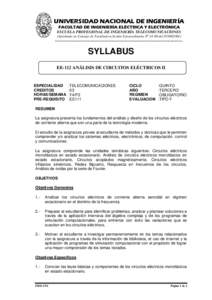 UNIVERSIDAD NACIONAL DE INGENIERÍA FACULTAD DE INGENIERÍA ELÉCTRICA Y ELECTRÓNICA ESCUELA PROFESIONAL DE INGENIERÍA TELECOMUNICACIONES (Aprobado en Consejo de Facultad en Sesión Extraordinaria Nº 14-00 del