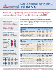 LATINO COLLEGE COMPLETION:  INDIANA For the U.S. to regain the top ranking in the world for college degree attainment, Latinos will need to earn 5.5 million degrees by 2020.