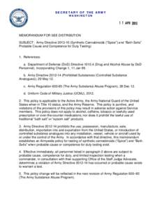 SECRETARY OF THE ARMY WASHINGTON MEMORANDUM FOR SEE DISTRIBUTION SUBJECT: Army Directive[removed]Synthetic Cannabinoids (“Spice”) and “Bath Salts” Probable Cause and Competence for Duty Testing)