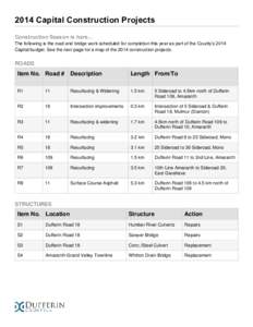 2014 Capital Construction Projects Construction Season is here… The following is the road and bridge work scheduled for completion this year as part of the County’s 2014 Capital budget. See the next page for a map of