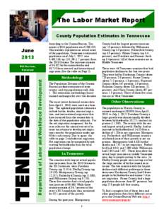 The Labor Market Report County Population Estimates in Tennessee According to the Census Bureau, Tennessee’s 2010 population was 6,346,105. This number represents an actual count of the population. Tennessee’s estima