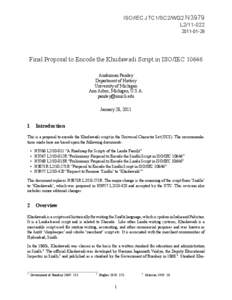 ISO/IEC JTC1/SC2/WG2 N3979 L2[removed]28 Final Proposal to Encode the Khudawadi Script in ISO/IEC[removed]Anshuman Pandey