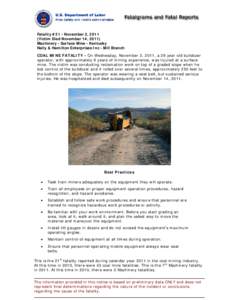 Fatality #21 - November 2, 2011 (Victim Died November 14, 2011) Machinery - Surface Mine - Kentucky Nally & Hamilton Enterprises Inc - Mill Branch COAL MINE FATALITY - On Wednesday, November 2, 2011, a 28 year old bulldo