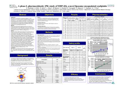 A phase I, pharmacokinetic (PK) study of MBP-426, a novel liposome encapsulated oxaliplatin K. Sankhala1, A. Mita1, R. Adinin2, L. Wood1, M. Beeram1, S. Bullock² N. Yamagata3, K. Matsuno3, T. Fujisawa3, A. T. Phan2 Inst