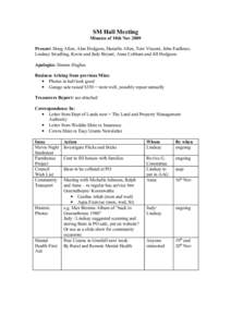 SM Hall Meeting Minutes of 10th Nov 2009 Present: Doug Allen, Alan Hodgson, Danielle Allen, Toni Vincent, John Faulkner, Lindsay Swadling, Kevin and Judy Bryant, Anne Cobham and Jill Hodgson. Apologies: Dennis Hughes Bus