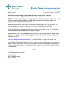 Public Service Announcement Follow AHS_Media on Twitter April 30, 2015  Mobile mammography service to visit next month