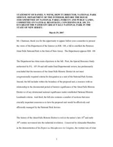 STATEMENT OF DANIEL N. WENK, DEPUTY DIRECTOR, NATIONAL PARK SERVICE, DEPARTMENT OF THE INTERIOR, BEFORE THE HOUSE SUBCOMMITTEE ON NATIONAL PARKS, FORESTS AND PUBLIC LANDS, COMMITTEE ON NATURAL RESOURCES, CONCERNING H.R. 
