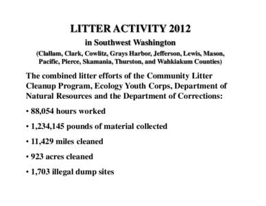 LITTER ACTIVITY 2012 in Southwest Washington (Clallam, Clark, Cowlitz, Grays Harbor, Jefferson, Lewis, Mason, Pacific, Pierce, Skamania, Thurston, and Wahkiakum Counties)  The combined litter efforts of the Community Lit