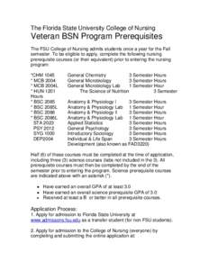 The Florida State University College of Nursing  Veteran BSN Program Prerequisites The FSU College of Nursing admits students once a year for the Fall semester. To be eligible to apply, complete the following nursing pre