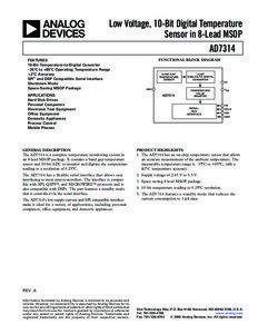 AD7314 Low Voltage, 10-Bit Digital Temperature Sensor in 8-Lead MSOP Data Sheet (REV. A)