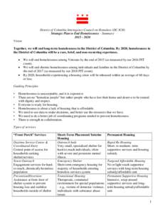 District of Columbia Interagency Council on Homeless (DC ICH) Strategic Plan to End Homelessness - SummaryVision Together, we will end long-term homelessness in the District of Columbia. By 2020, homelessnes