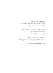 Small holes, secret graves, children scattered around the iron fence. Not even a scratched stone. The wind rises, clouds cover the moon, a dog’s bark and those owls, Alone and no end.