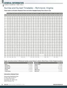 GENERAL INFORMATION  SUNSET/SUNRISE TIMETABLE Sunrise and Sunset Timetable – Richmond, Virginia Times below are Eastern Standard Time and reflect Daylight Saving Time when in use.