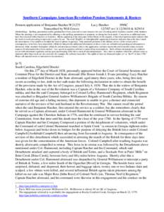 Southern Campaigns American Revolution Pension Statements & Rosters Pension application of Benjamin Hatcher W21275 Transcribed by Will Graves Lucy Hatcher f99SC