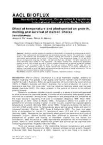 AACL BIOFLUX Aquaculture, Aquarium, Conservation & Legislation International Journal of the Bioflux Society Effect of temperature and photoperiod on growth, molting and survival of marron Cherax