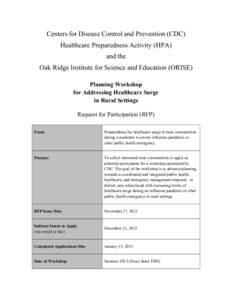 Centers for Disease Control and Prevention (CDC) Healthcare Preparedness Activity (HPA) and the Oak Ridge Institute for Science and Education (ORISE) Planning Workshop for Addressing Healthcare Surge