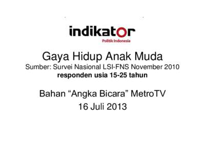 Gaya Hidup Anak Muda Sumber: Survei Nasional LSI-FNS November 2010 responden usiatahun Bahan “Angka Bicara” MetroTV 16 Juli 2013