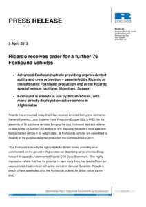 Microsoft Word - Ricardo receives order for a further 76 Foxhound vehicles