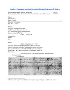 Southern Campaign American Revolution Pension Statements & Rosters Pension application of Ignatius Hall R4464 Transcribed by Dallas Owen, Drew Hall, Cam McAuley, Devin Blackmore1 fn11NC[removed]