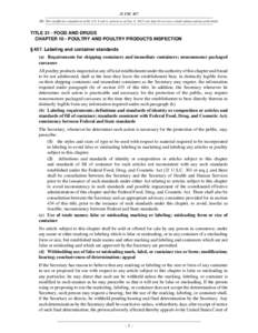 21 USC 457 NB: This unofficial compilation of the U.S. Code is current as of Jan. 4, 2012 (see http://www.law.cornell.edu/uscode/uscprint.html). TITLE 21 - FOOD AND DRUGS CHAPTER 10 - POULTRY AND POULTRY PRODUCTS INSPECT