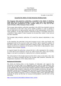 Press Release Communiqué de presse Mitteilung für die Presse Brussels, 6 June 2014 Issued by the Article 29 Data Protection Working Party