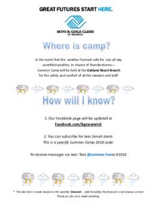In the event that the weather forecast calls for rain all day, unsettled weather, or chance of thunderstorms— Summer Camp will be held at the Oakland Beach Branch for the safety and comfort of all the campers and staff