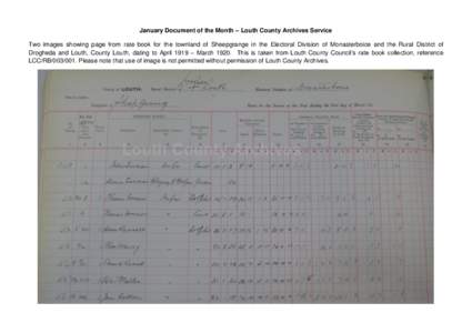 January Document of the Month – Louth County Archives Service Two images showing page from rate book for the townland of Sheepgrange in the Electoral Division of Monasterboice and the Rural District of Drogheda and Lou