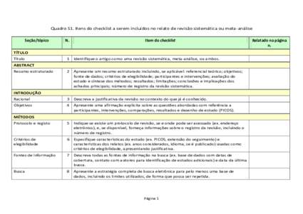 Quadro S1. Itens do checklist a serem incluídos no relato de revisão sistemática ou meta-análise Seção/tópico N.  Item do checklist