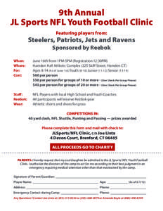 9th Annual JL Sports NFL Youth Football Clinic Featuring players from: Steelers, Patriots, Jets and Ravens Sponsored by Reebok