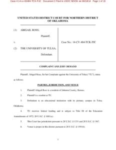 Case 4:14-cv[removed]TCK-PJC Document 2 Filed in USDC ND/OK on[removed]Page 1 of 15  UNITED STATES DISTRICT COURT FOR NORTHERN DISTRICT OF OKLAHOMA  (1)