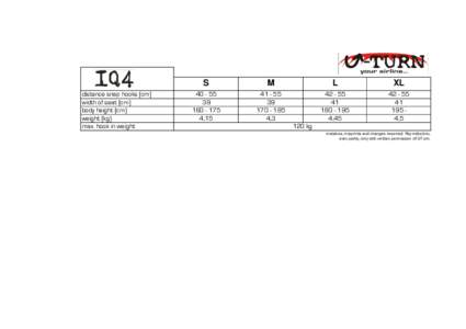 distance snap hooks (cm) width of seat (cm) body height (cm) weight (kg) max. hook in weight