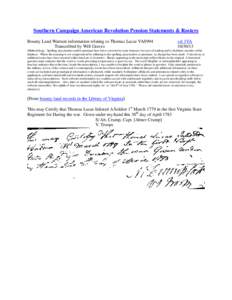 Southern Campaign American Revolution Pension Statements & Rosters Bounty Land Warrant information relating to Thomas Lucas VAS994 Transcribed by Will Graves vsl 1VA[removed]