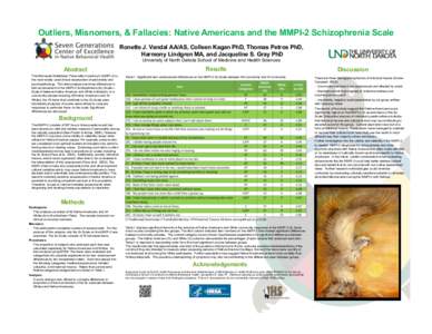 Outliers, Misnomers, & Fallacies: Native Americans and the MMPI-2 Schizophrenia Scale Ronette J. Vandal AA/AS, Colleen Kagan PhD, Thomas Petros PhD, Harmony Lindgren MA, and Jacqueline S. Gray PhD University of North Dak