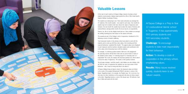 Valuable Lessons At the start of each month at Al-Taqwa College, dozens of primary school students crowd around a display board outside the office of Mrs Amal Assafiri, Student Welfare Coordinator Primary. The students a