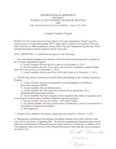 MEMORANDUM OF AGREEMENT BETWEEN FLORIDA STATE UNIVERSITY BOARD OF TRUSTEES AND THE UNITED FACULTY OF FLORIDA - FACULTY UNIT