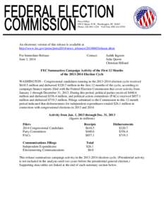 Press Office 999 E Street, N.W., Washington, DC[removed]Phone: [removed]Toll Free: [removed]An electronic version of this release is available at http://www.fec.gov/press/press2014/news_releases/20140603release.sht