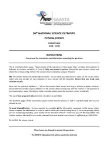 50th NATIONAL SCIENCE OLYMPIAD PHYSICAL SCIENCE 6 MARCH:00 – 15:00  INSTRUCTIONS