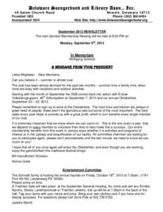 Delaware Saengerbund and Library Assn., Inc. 49 Salem Church Road Founded 1853 Incorporated[removed]New ark, Delaware 19713